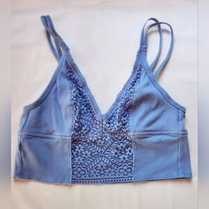 Aerie Lace V Neck Bra Tank Top Cropped Light Blue Women’s Large Double Strap